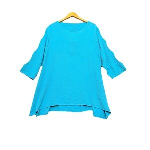 Ali Miles Womens Tunic 2X Crinkle Lagenlook Artsy Boho Cutout Detail Teal Top‎
